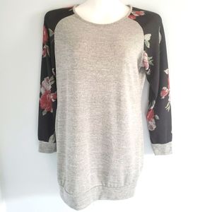 Tunic Length Baseball Tee w/Floral Sleeves